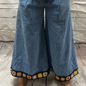 wide leg crop jeans granny square trim